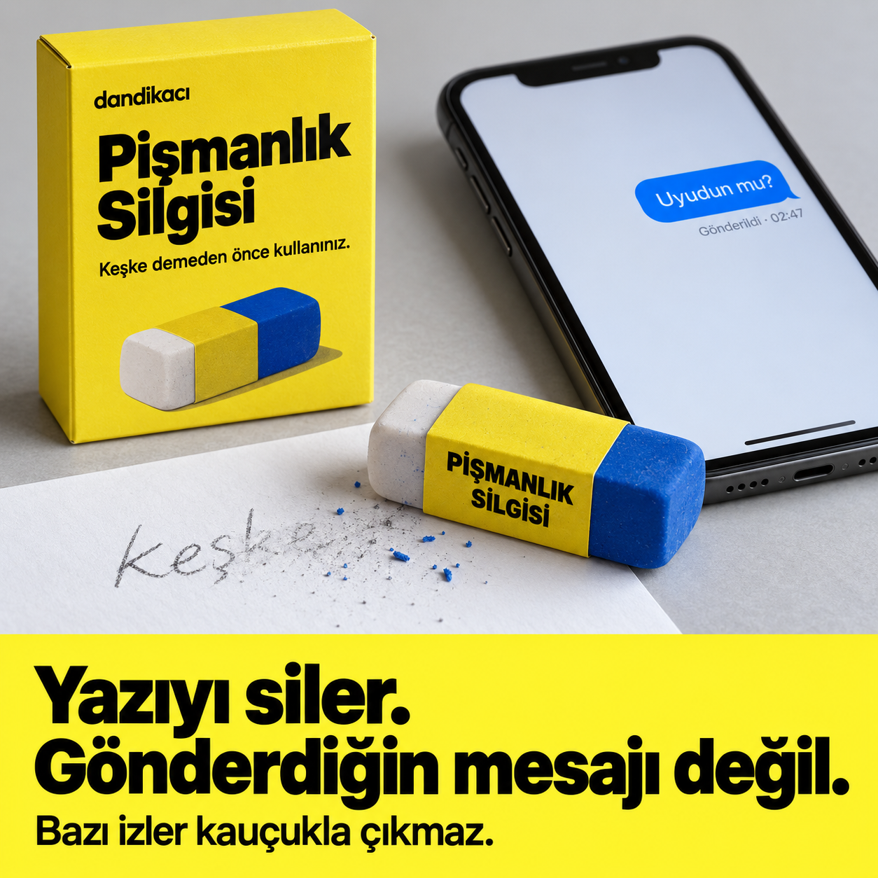 Sarı kutusunda mavi beyaz Pişmanlık Silgisi; yanında silinmiş keşke yazısı ve Uyudun mu mesajı görünen telefon