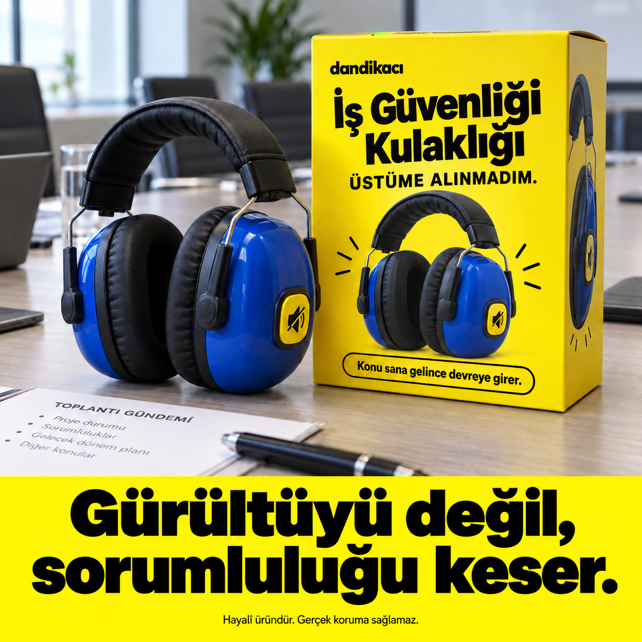 Sarı İş Güvenliği Kulaklığı kutusu yanında mavi kulaklık; Gürültüyü değil, sorumluluğu keser sloganı